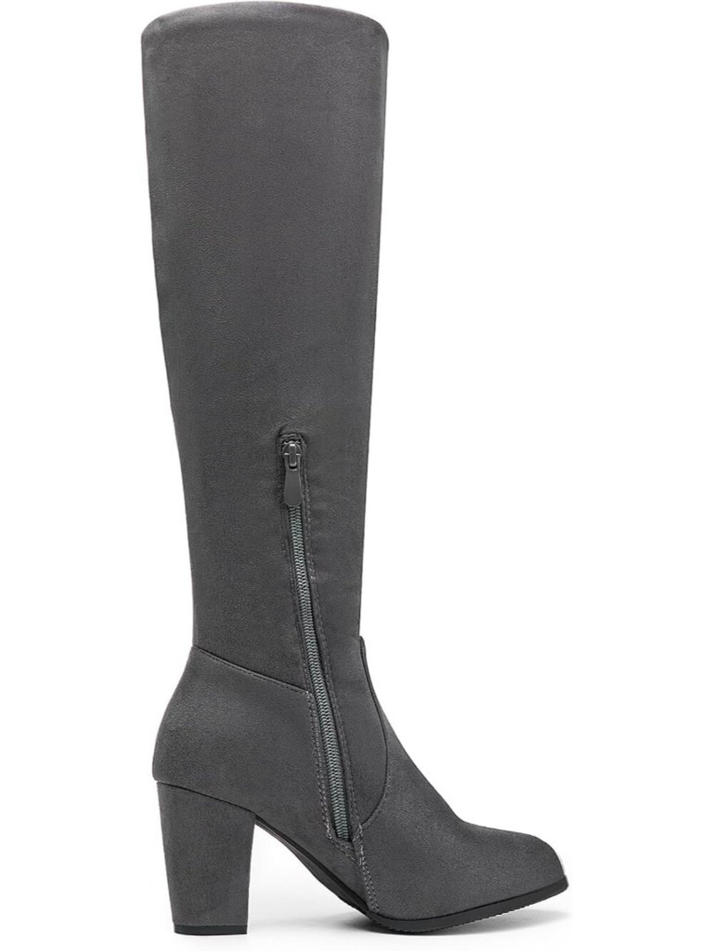 Women's Grey Faux Fur Lined Square Toe Side Zipper Knee High Riding Boots - Picture 4 of 6